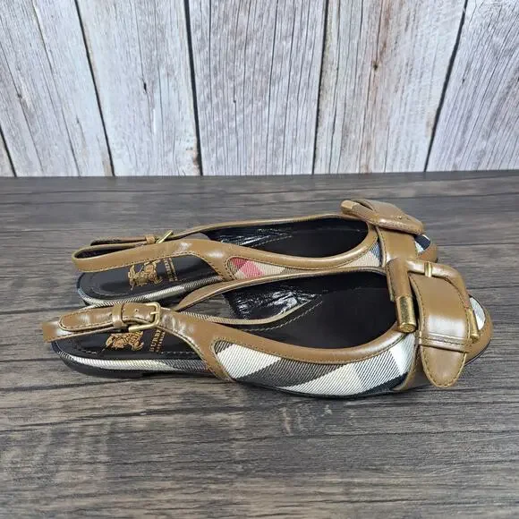 Burberry Flat Leather Sandals Brown/Plaid Slingback Novacheck Women's Sz 5.5